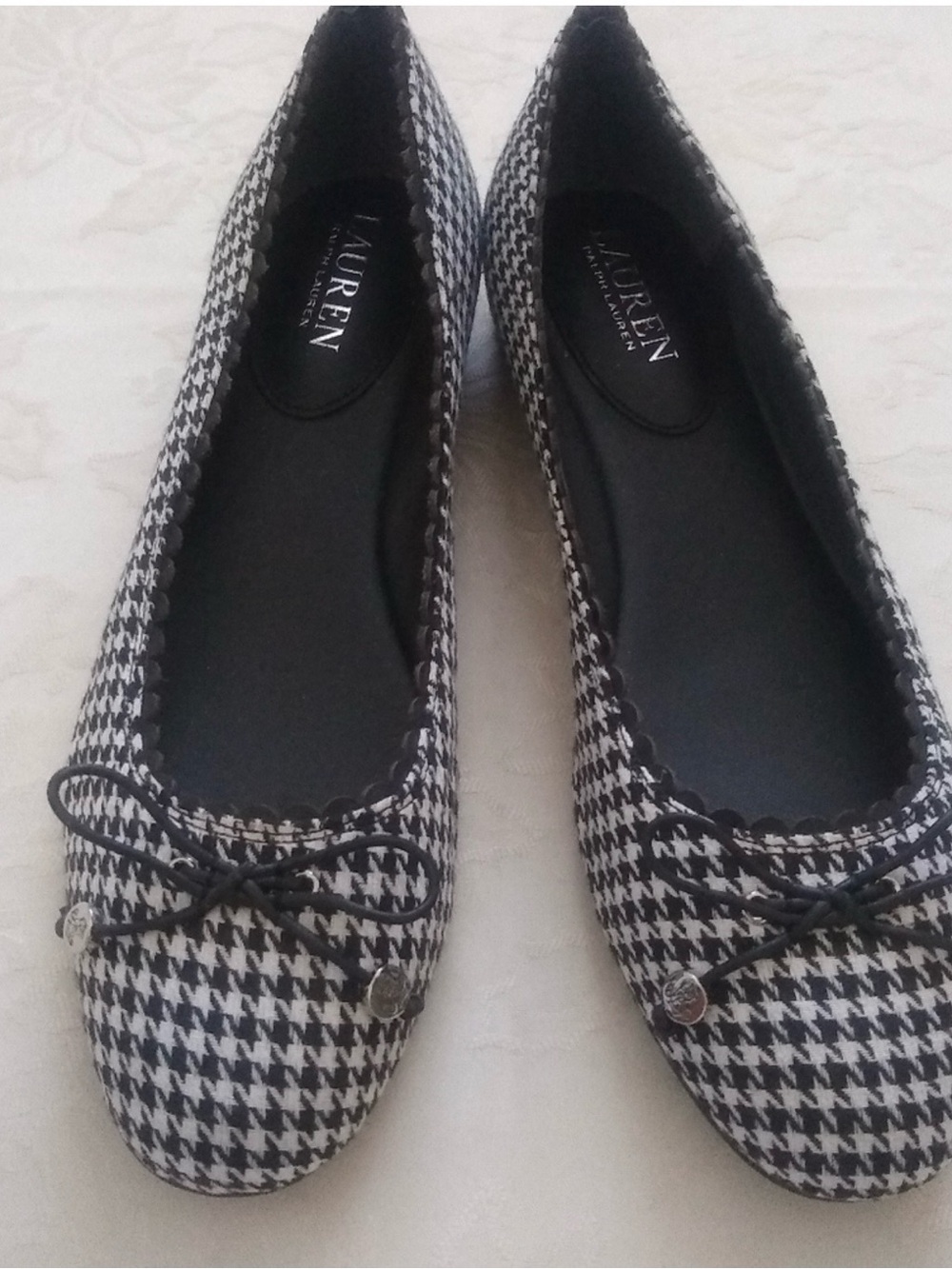 Lauren Ralph Lauren Black & White Houndstooth Ballet Flats with Bow